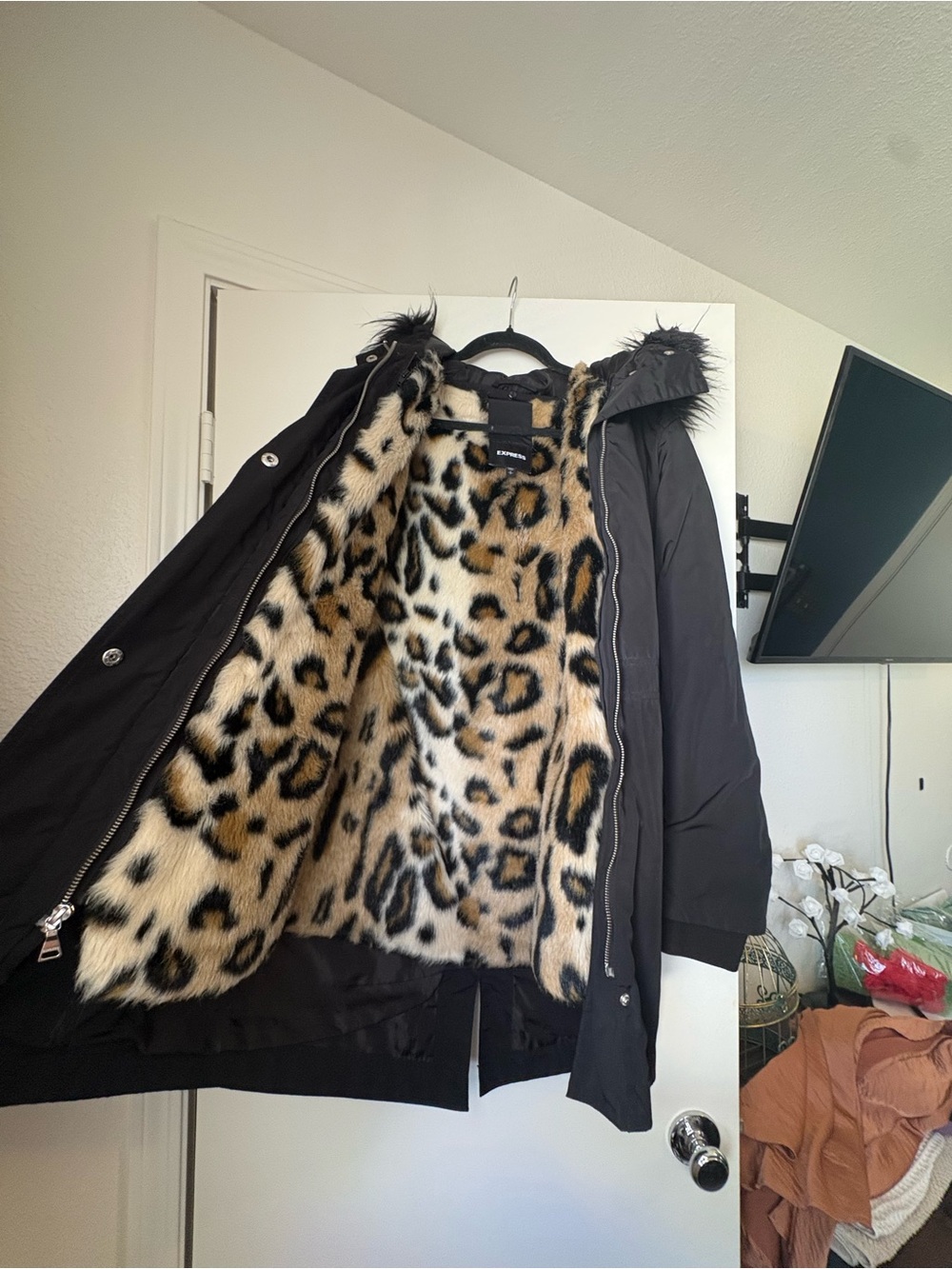 Express Black Puffer Coat with Leopard Faux-Fur Lining